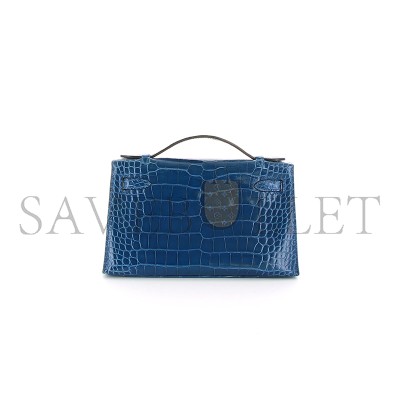 HERMES MASTER KELLY POCHETTE BLEU MYKONOS ALLIGATOR GOLD HARDWARE (22*14*7cm)